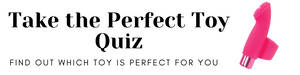 The banner says "Take the Perfect Toy Quiz. Find out which toy is perfect for you." Next to the words is a pink finger vibe.