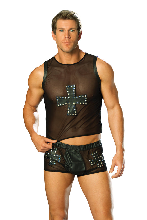 Mesh Tank Top with Leather Cross